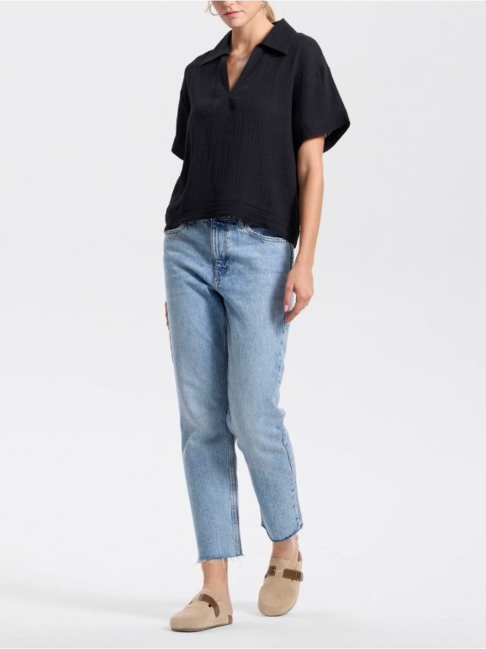Black V-Neck Collared Short Sleeve Top